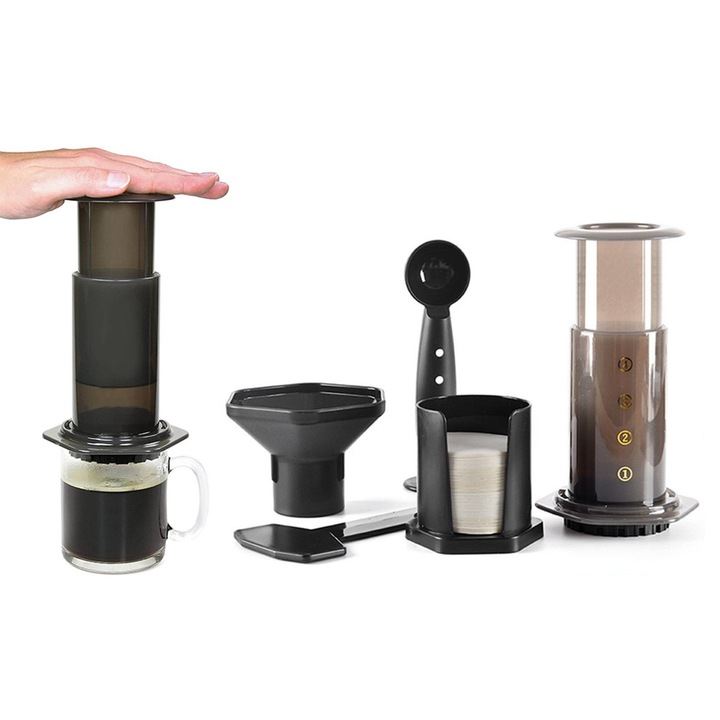 Cafetiera pentru cafea si espresso, portabila, negru