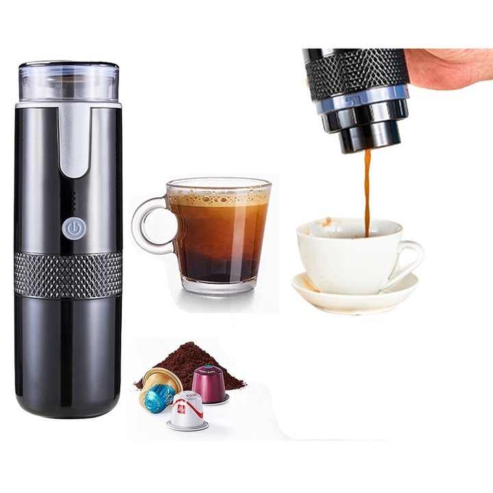 Cafetiera electrica portabila reincarcabila, fara fir, pentru capsule si cafea macinata, neagra