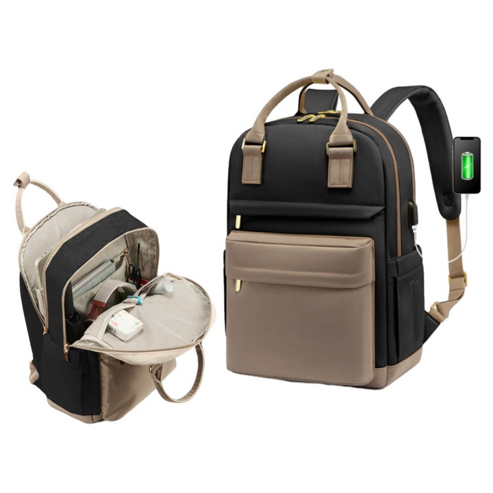 Rucsac laptop 16 inch, USB, rezistent la apa, kaki