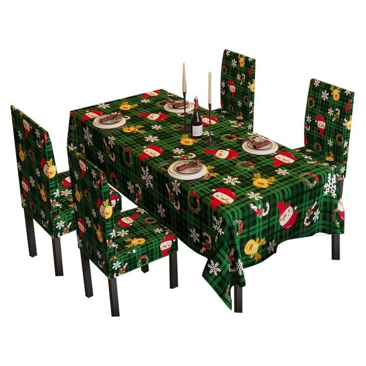 Karácsonyi kockás asztalterítő szett 4 székhuzattal K0323-0723-CJ6229, poliészter, zöld, asztalterítő 140x220 cm