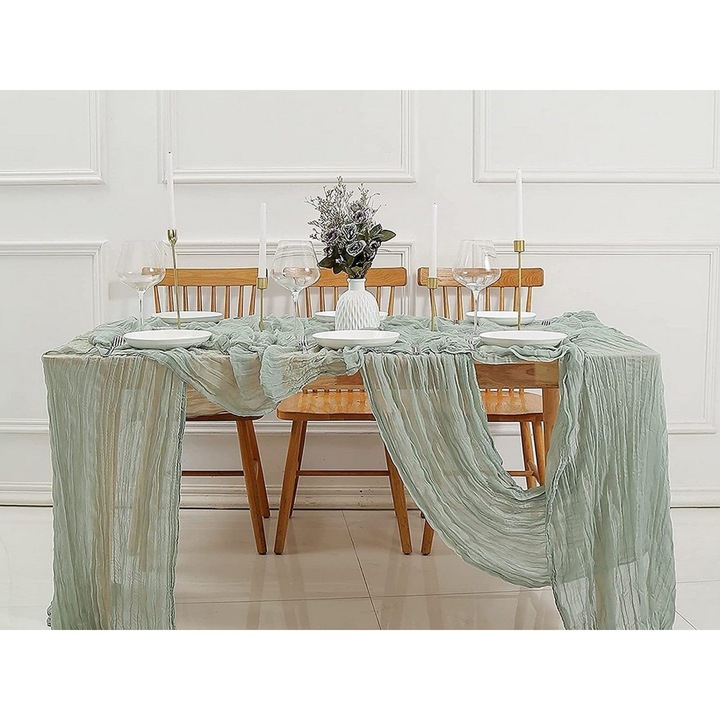 Tüll asztali futó K0323-0724-CJ6327, kreppelt textúrájú poliészterből (cheesecloth), világoszöld, 90 x 180 cm