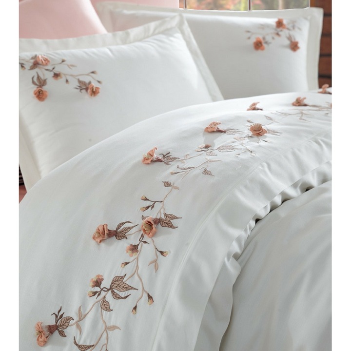 Lenjerie de pat brodata, de lux, bumbac satinat ANETTA, lenjerie pat dublu, 6 piese, 200x220 / 50x70, 100% bumbac