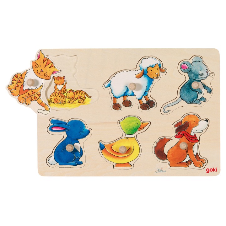 Fa fogantyús forma puzzle - anya állat gyerekekkel