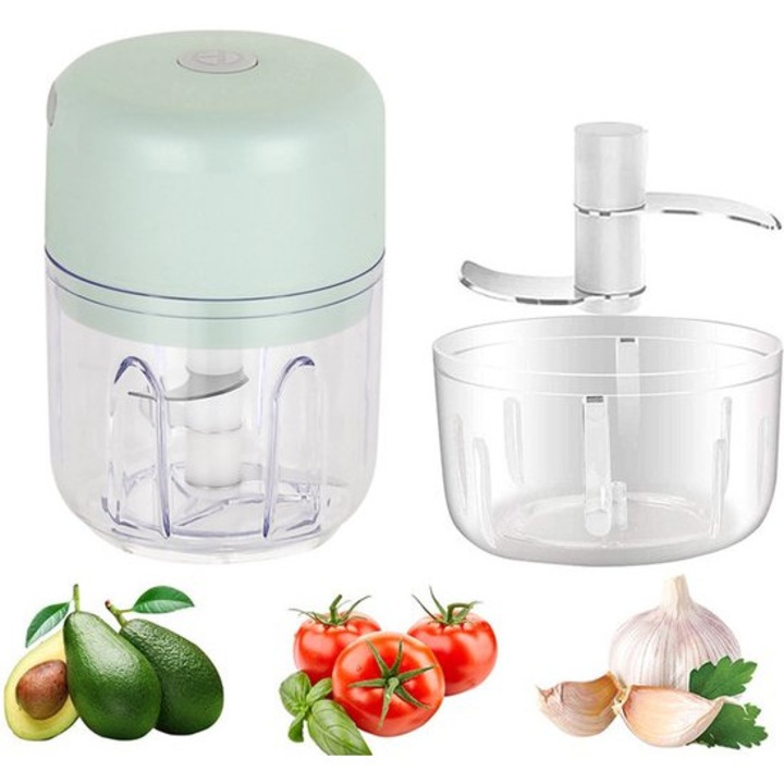Mini tocator electric, 3 lame, verde, 250ml, USB reincarcabil