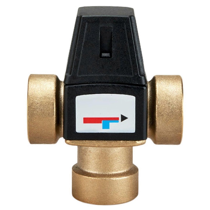 Keverő termosztatikus szelep DN25 K0206-F-260827-3143, állítható, hőmérséklet tartomány 35–60°C, forrázás elleni védelem, bronz/fekete