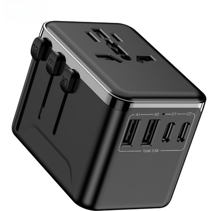 Adaptor de priza universal cu 4 USB, 25W, alb, 7.3x5.6x5.4cm