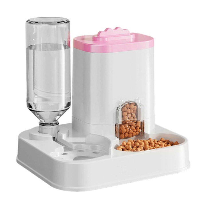 Dispenser automat 2 in 1 pentru hrana si apa, roz, 30x20x15cm