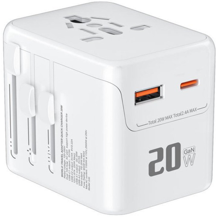 Adaptor universal de priza, 4 porturi USB, multicolor, 5x5.3x7.6cm