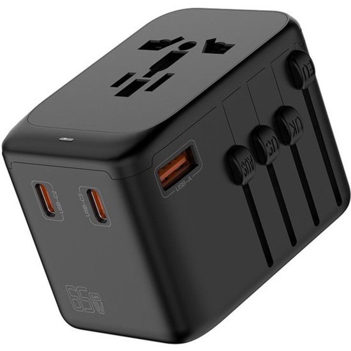 Adaptor de calatorie universal 65W, 3 USB, 1 Type-C, compact, multicolor, 7.7x5.4x5.6cm