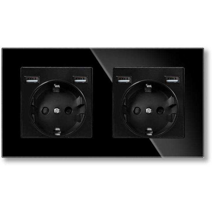 Priza dubla incastrabila cu 4 porturi USB, negru, 157x86x42mm