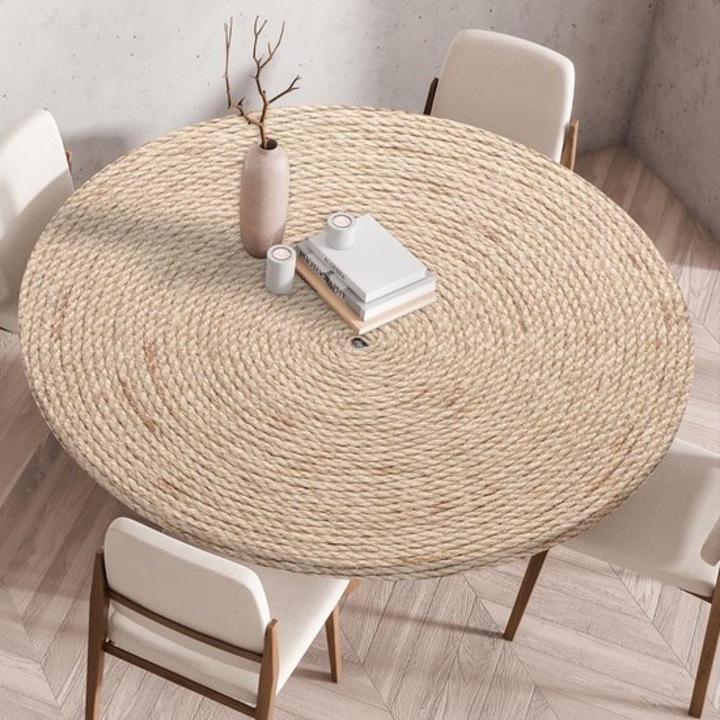 Kerek, elasztikus, 3D, mosható asztalterítő, 130cm, rattan