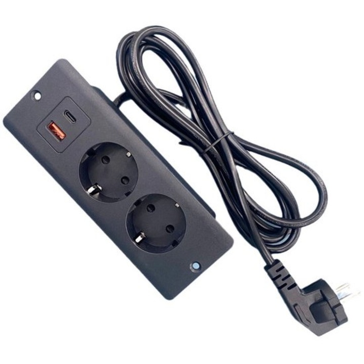 Вграден USB тип C и A контакт, черен, 1.5м, компактен, за бюро