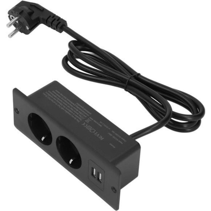 Priza incorporabila 2 USB 2 AC, 250V 10A, alb, 15m cablu
