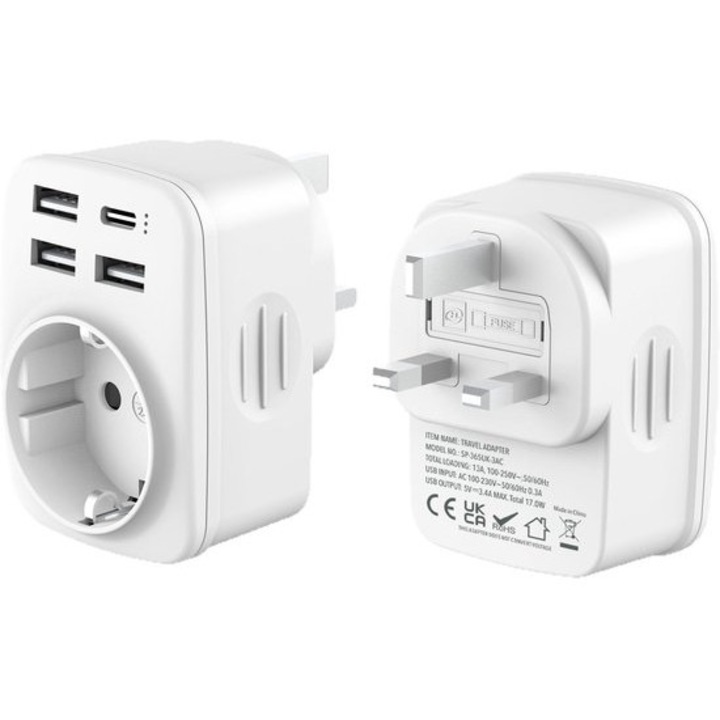 Adaptor de priza 5 in 1, USB-A si USB-C, compact, negru, 89g