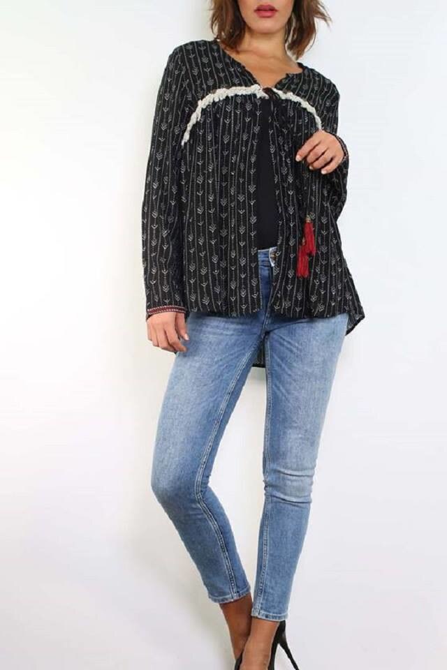 Bluza cu imprimeu si snur, Freshattitude, Negru