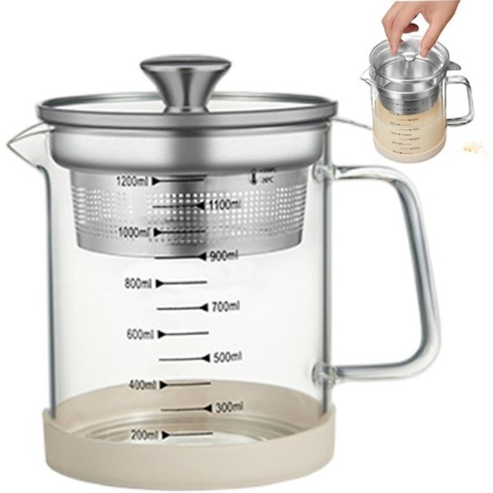 Carafa sticla borosilicata 1.2L cu filtru inox si scara, silicon antiderapant, transparenta