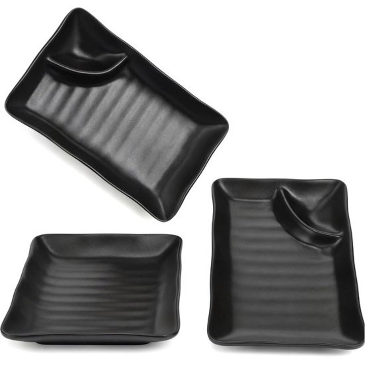 Set 3 farfurii negre melamina, dreptunghiulare, 19x11.5cm, cu compartiment sos, pentru sushi si gustari