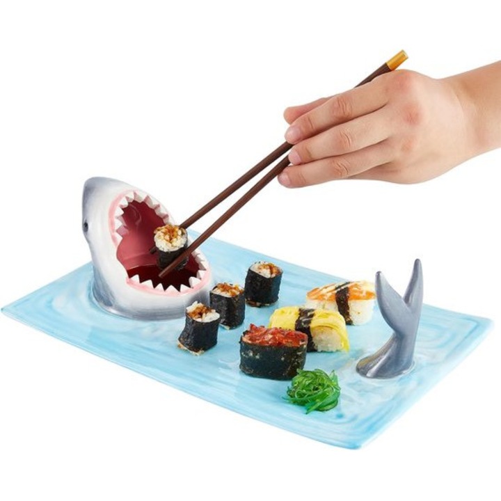 Farfurie sushi 3-in-1, model rechizit haai, alb, 30x15cm