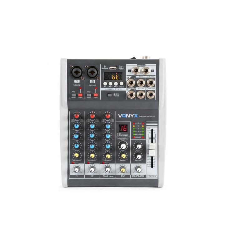 Vonyx VMM-K402 – 4 csatornás zenekari keverő, Bluetooth + Effekt + REC felvétel