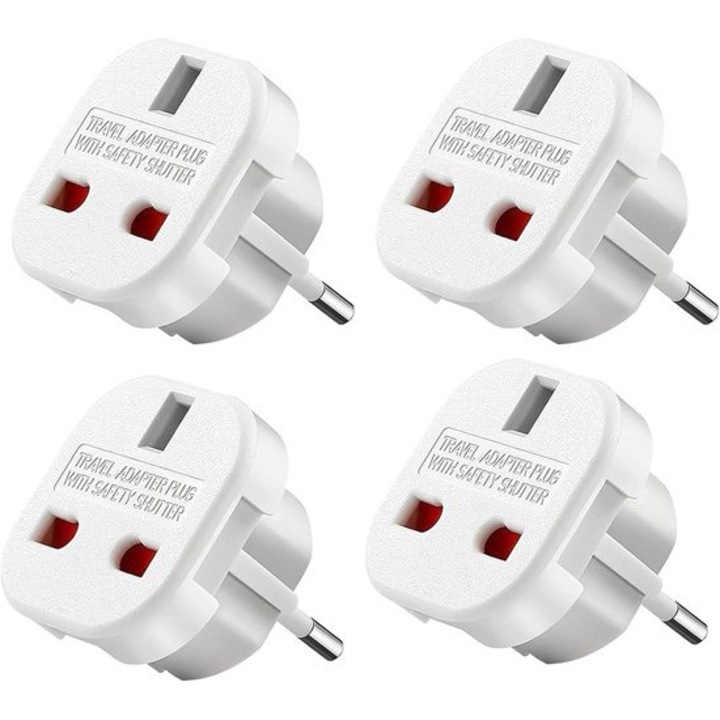 Set 4 adaptoare de priza UK-EU, alb, compact, sigur, universal, 10A, 240V