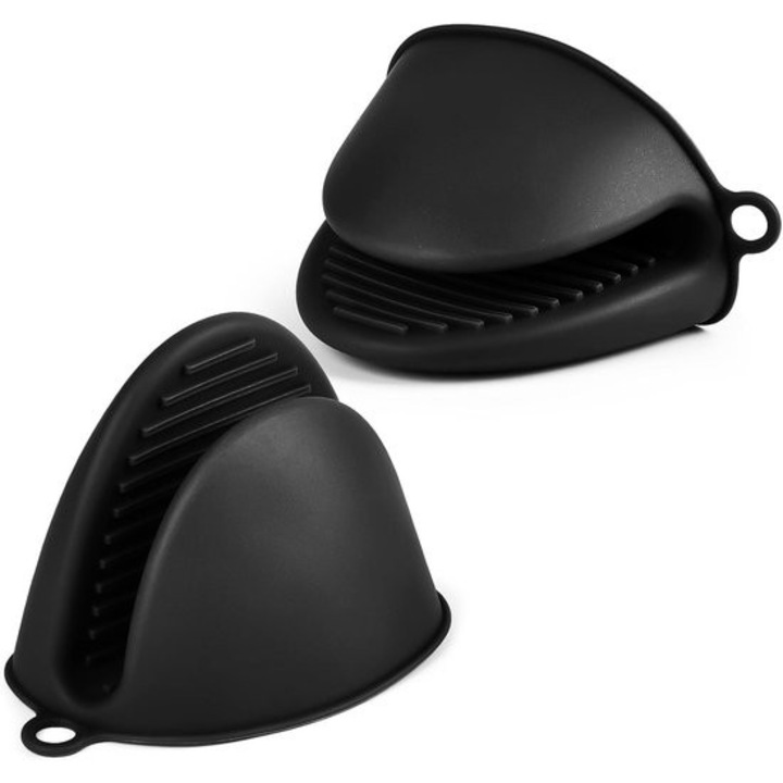 Mini sütőkesztyű K0255-0804-BLCJ59921, szilikon, hőálló 230°C-ig, csúszásgátló, akasztóhurokkal, fekete, 2 db-os szett