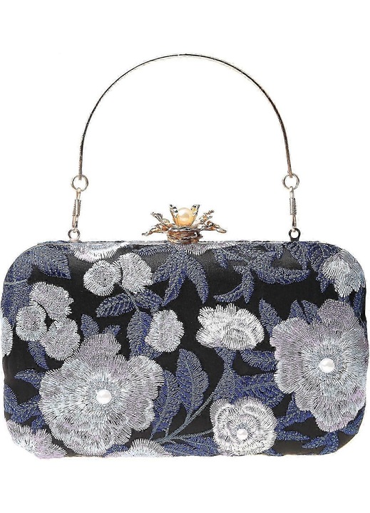 Geanta plic dama vintage broderie florala albastru inchis 20x7x11cm