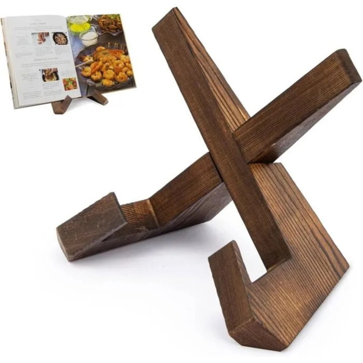 Suport pentru carte de bucate din lemn masiv, pliabil, finisaj rustic, maro inchis, model k0312-0811-CD20897