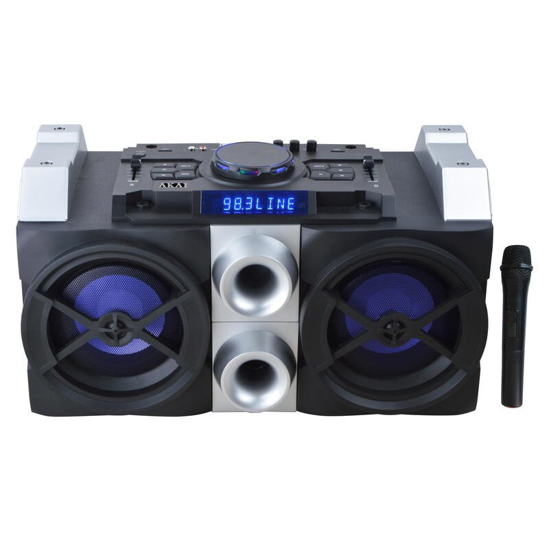 Boxa audio AKAI portabila , Activa , conectivitate Bluetooth , Lumini pe woofere bass , Putere RMS 50 W , Frecventa 20HZ- 20KHZ , Retea de alimentare 220V , Li-Ion , Material ABS , Negru