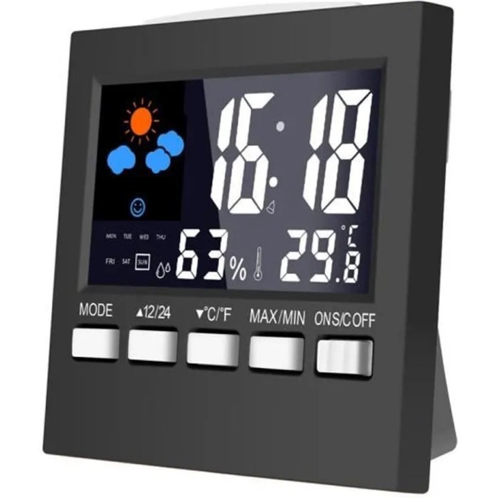 Statie meteo, ceas desteptator, termometru, higrometru, ecran LED color, functii multiple, 0-50°C, 10-99% RH