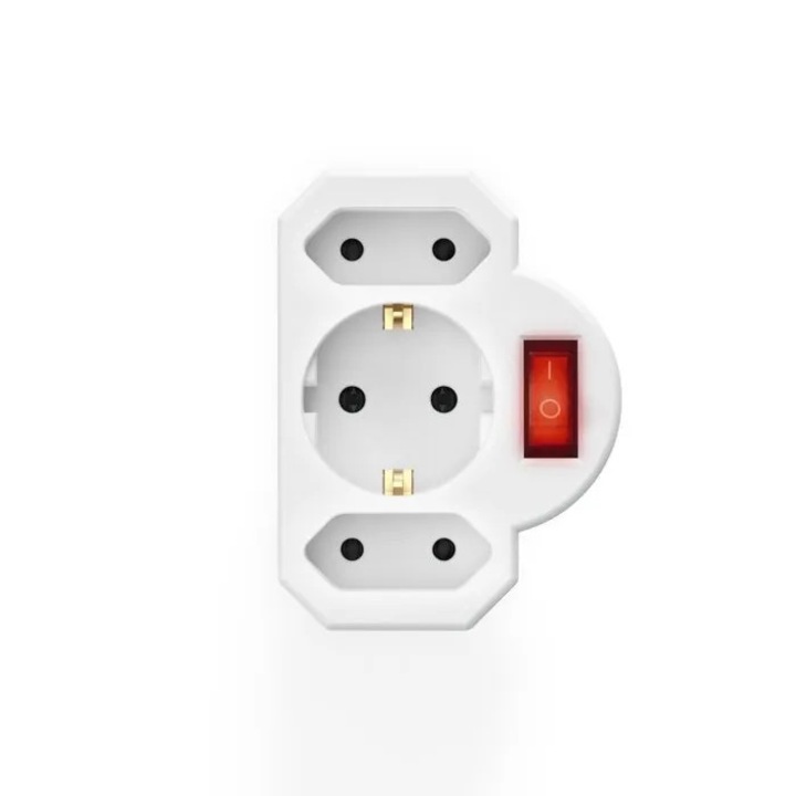 Adaptor priza european MI-08182383, impamantat, 3 iesiri cu intrerupator iluminat, alb