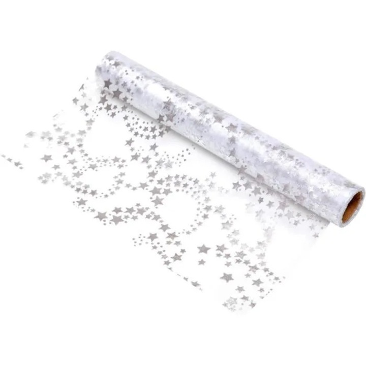 Fémhatású organza asztalterítő 28x1500cm ezüst csillagok szett