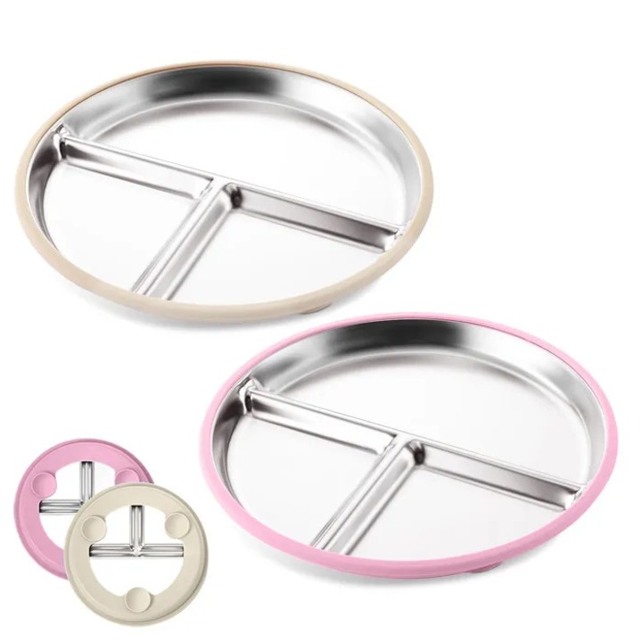 Farfurii pentru copii, inox, set 2, albastru gri, 23cm, 3 compartimente, ventuze silicon