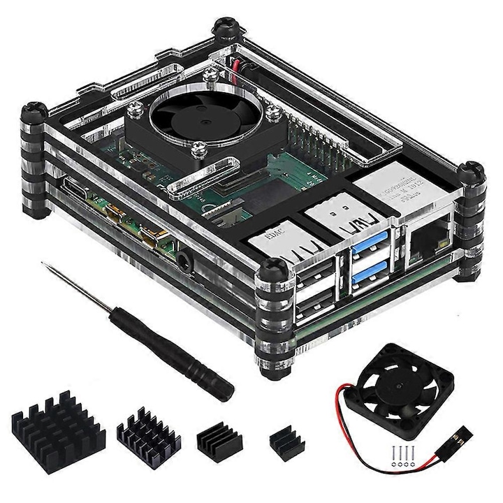 Carcasa acrilica transparenta 9 straturi cu ventilator racire pentru Raspberry Pi 4B