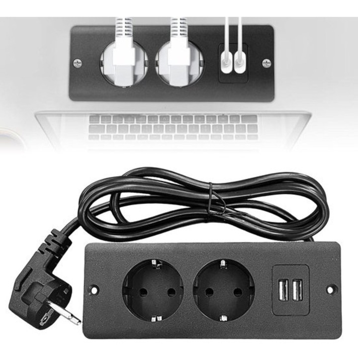 Priza incastrabila cu 2 prize si 2 USB, negru, 16x6x4.5cm