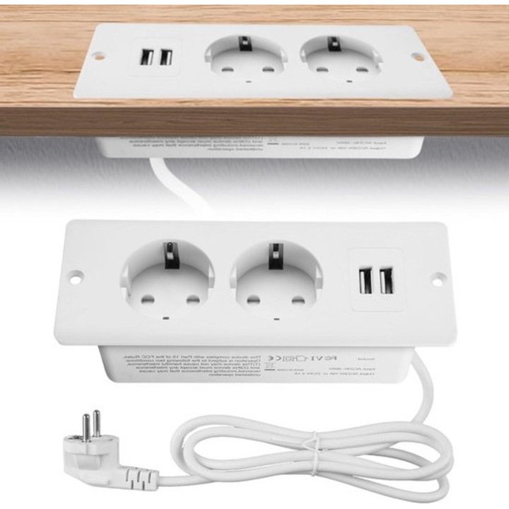 Priza incastrabila 4-in-1, 2 prize, 2 USB, alb, 16x6x4.5cm