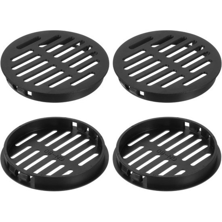 Set 4 grile ventilatie rotunde, plastic negru, 80mm