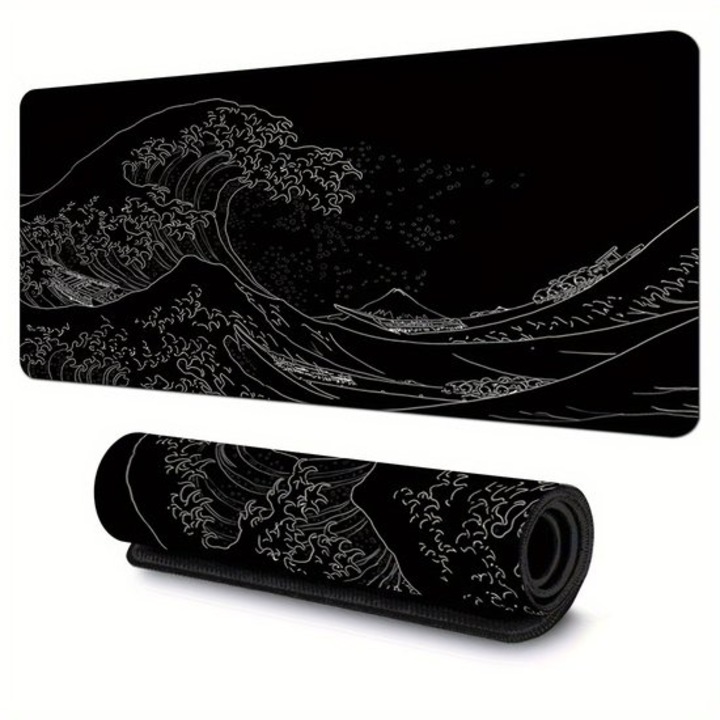 Mousepad abstract valuri, negru-alb, 60x30cm, antiderapant, rezistent la apa