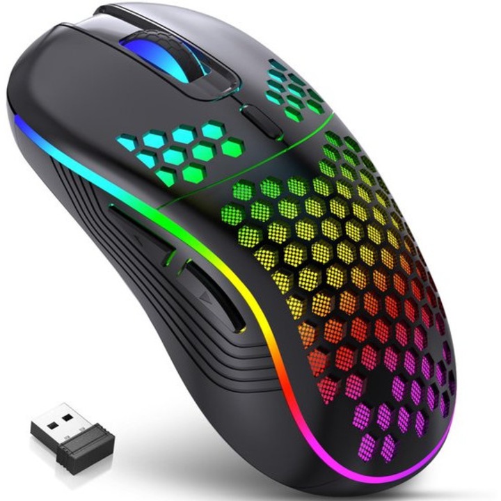 Безжична геймърска мишка, RGB, 6 бутона, черна, ергономична, 12x7x4см
