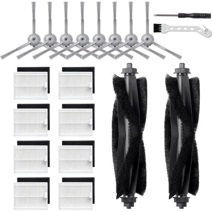 Set accesorii pentru aspirator robot compatibil eufy L50/L60/L50 SES/L60 SES, 20 piese: 2 perii principale, 8 filtre cu spuma, 8 perii laterale, 1 perie de curatare multifunctionala, 1 surubelnita, multicolor, cod K0443-emagCJ-10128