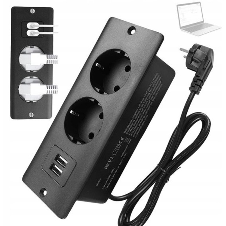 Priza incastrabila cu 2 iesiri si 2 USB, cablu 1.5m, negru, 16.6x5.7x3.8cm