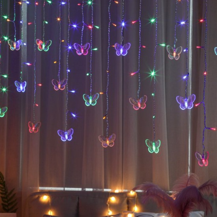Luminafüzér LED pillangó, USB, távirányító, dimmer, gyerekszoba dekoráció, többszínű, 3x2m