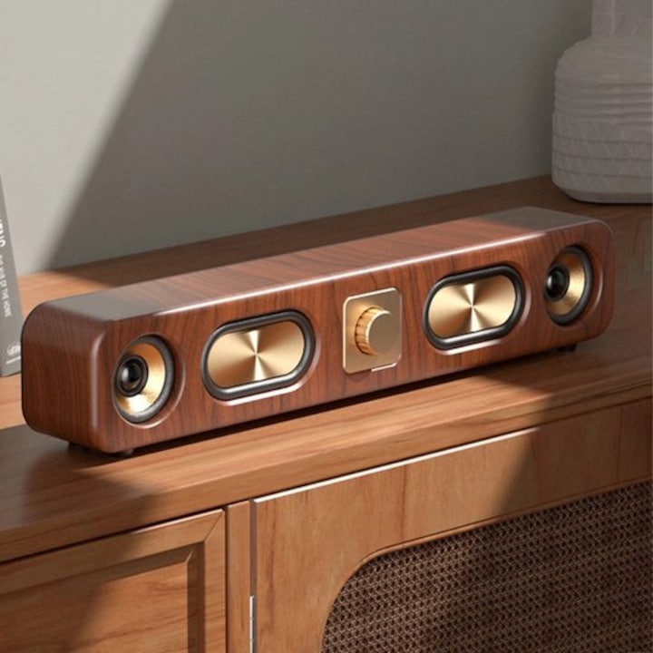 Soundbar retro wireless cu doua subwoofere 2 inch, Bluetooth, negru