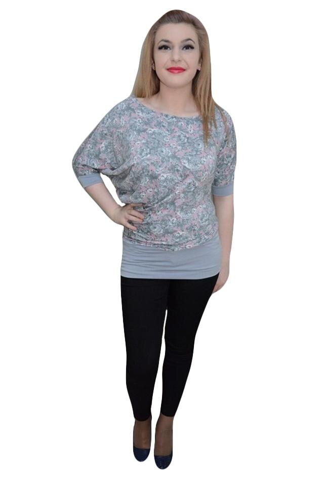 Bluza cu design floral, maneca fashion,D&J Exclusive, Gri