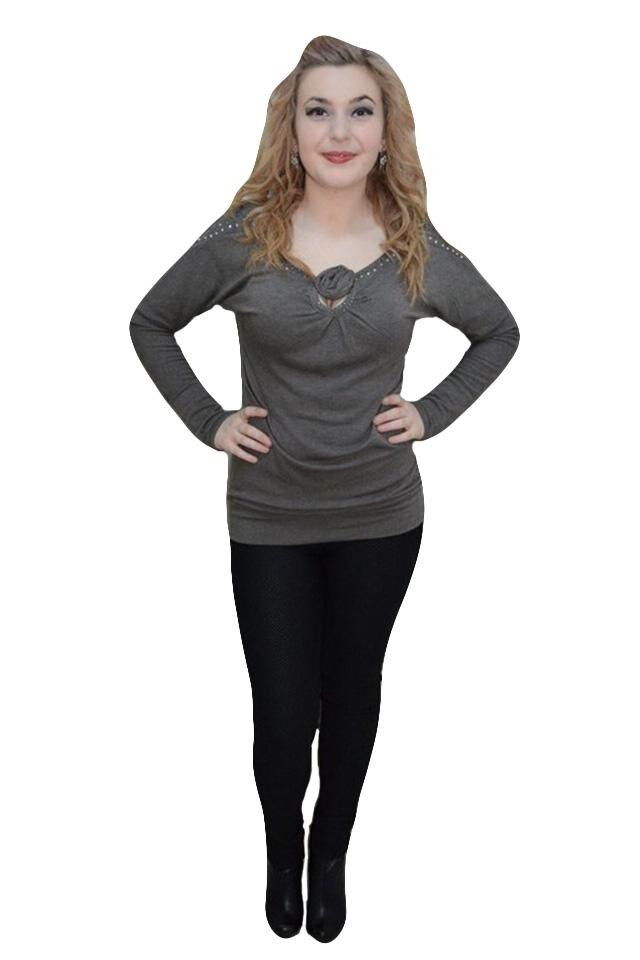 Bluza cu decolteu rotund, maneci lungi,D&J Exclusive,, Gri