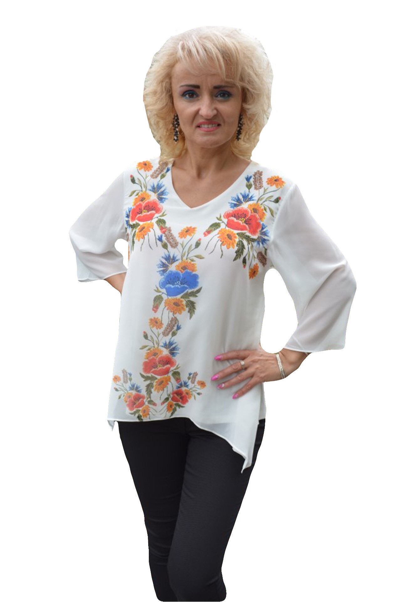 Bluza chic cu imprimeu floral aplicat, D&J Exclusive, Alb