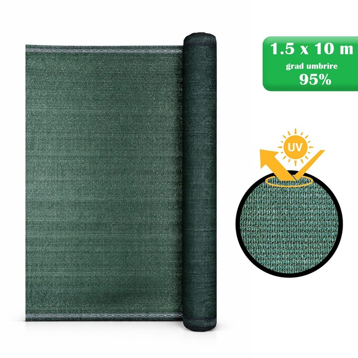 Plasa de umbrire, HDPE, 230 g/mp, grad de umbrire 95%, verde, 1.5x10 m