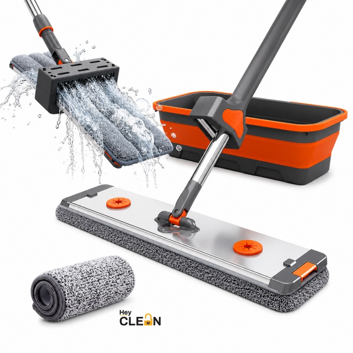Set Mop Plat Hey CLEAN® cu Galeata Pliabila si Sistem de Stoarcere Integrat, Depozitare Verticala, Laveta Microfibra Rezerva, Talpa 42 cm, Coada 159 cm, Rotire 360°, Curatare umeda sau uscata pentru Parchet, Gresie, Marmura, Argintiu