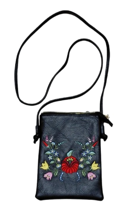 Poseta din piele ecologica, brodata, neagra, 20 x 15 cm