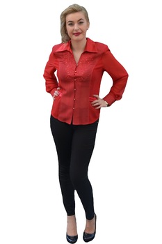 Bluza de ocazie cu saten la guler si buzunare, D&J Exclusive, Rosu Bluza de ocazie cu saten la guler si buzunare, D&J Exclusive, Rosu