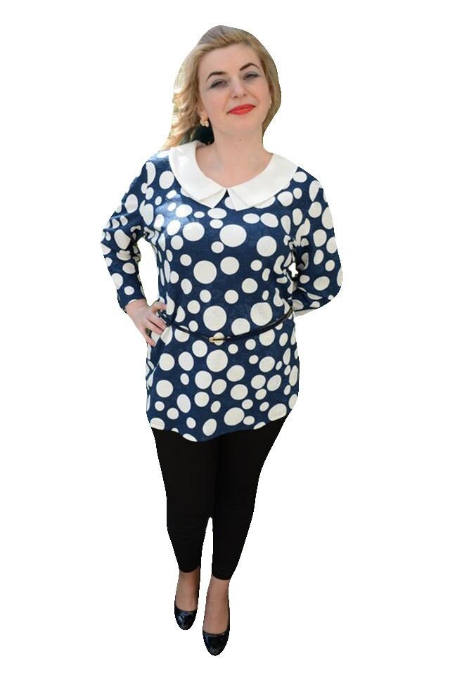 Bluza rafinata cu maneci trei-sferturi, cu buline,masura mare,D&J Exclusive,, Bleumarin/Alb